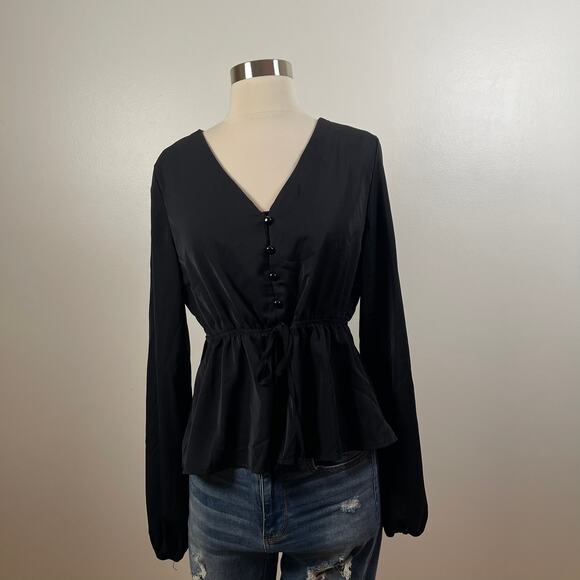Shein • Balloon Sleeve Tie Waist Button Detail Blouse - Picture 1 of 5